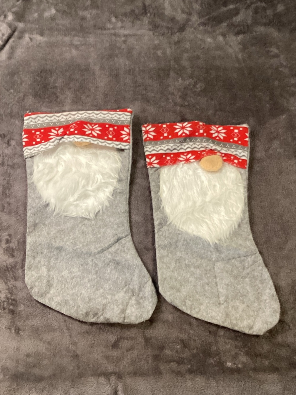 Grey Felt Holiday Stockings with Red Nordic Trim and Faux Fur Beards (Pair)